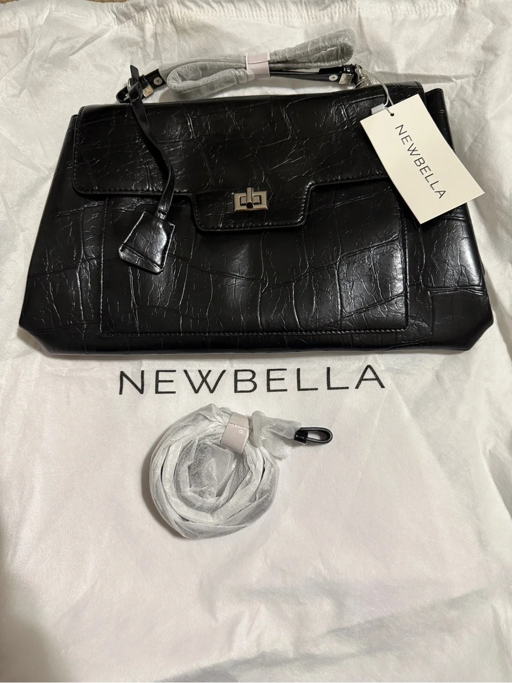 Newbella Black Croc-Embossed (faux) Top-Handle Bag with strap-black